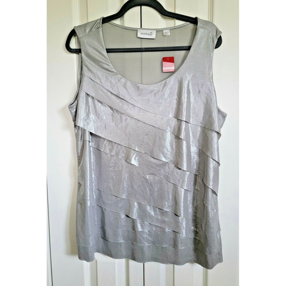 Avenue 14/16 Ruffled Layered Sleeveless Tunic Top Silver Shimmer Stretch L NWT